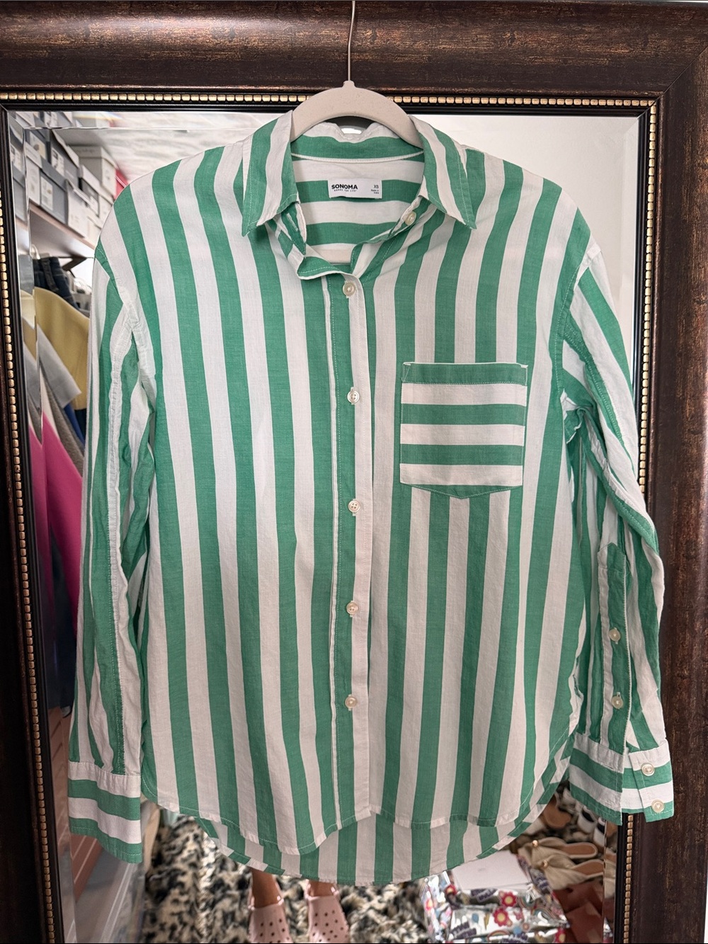 Sonoma Green and White Vertical Stripe Button-Down Shirt